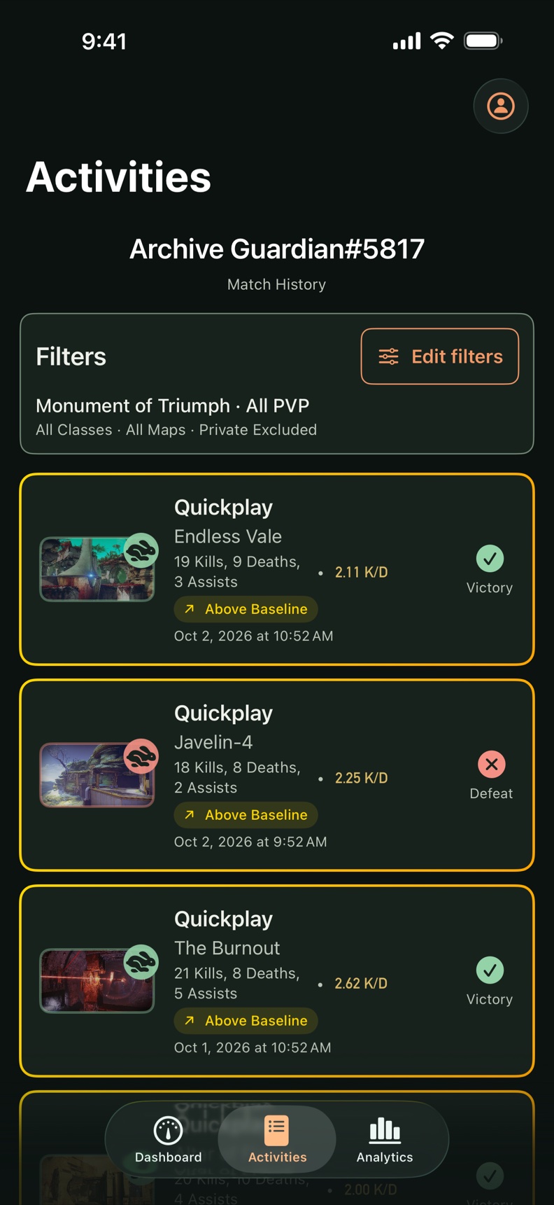 Activities list with individual Crucible match results