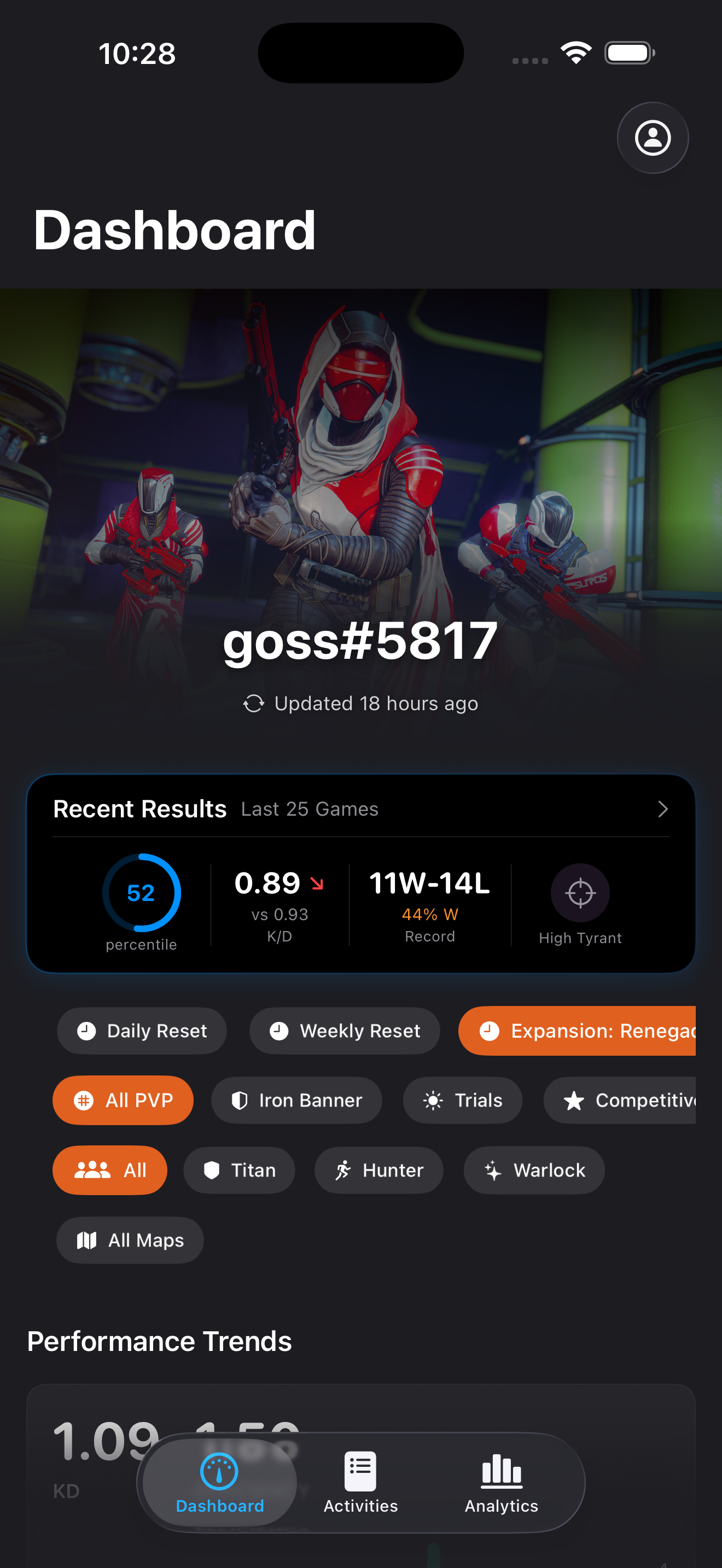 Dashboard with player profile and recent results
